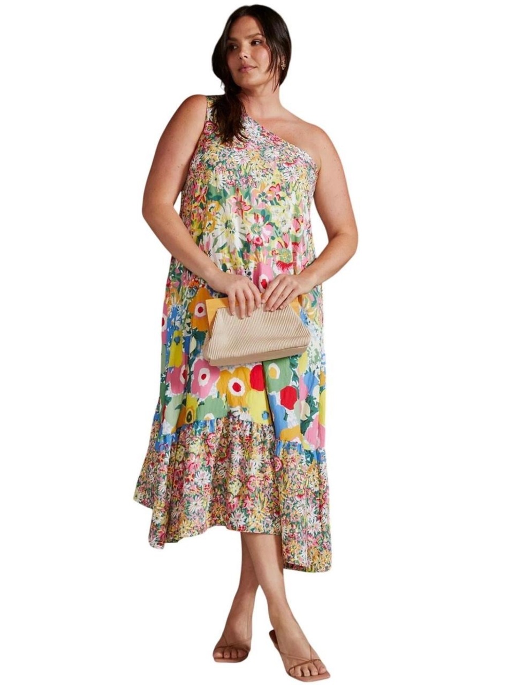 Anthropologie Sarah Campbell Floral Tiered One-Shoulder Dress